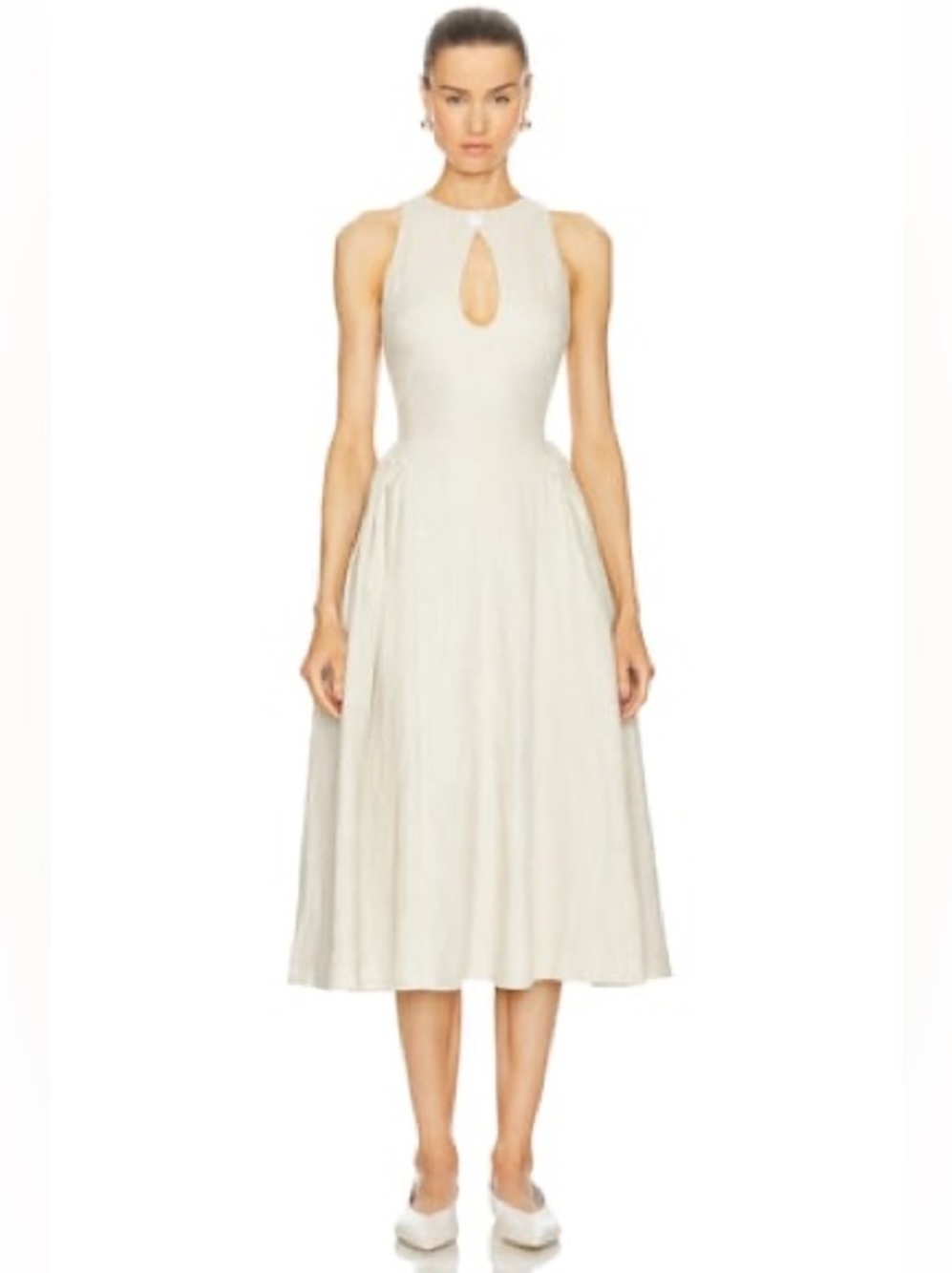 Elegant Beige Sleeveless Dress w/ Waist Interest